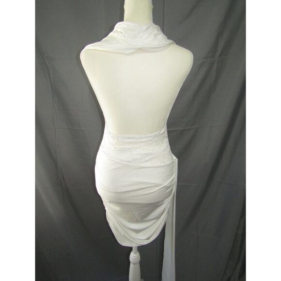 White Halter Mini Dress Lace Waist Ruched Skirt Cocktail Party Small - Picture 4 of 6